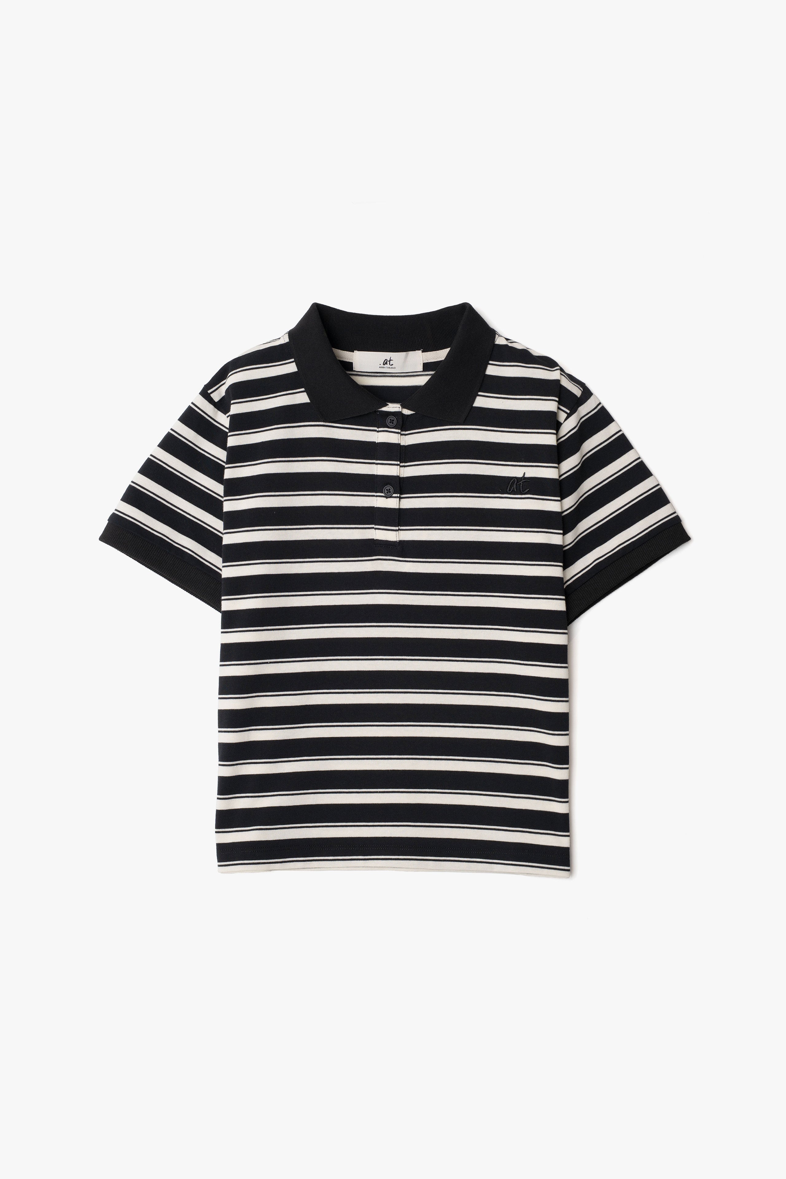 【数量限定】.at-Horizontal Stripe Cropped Polo Shirt - Black Stripe