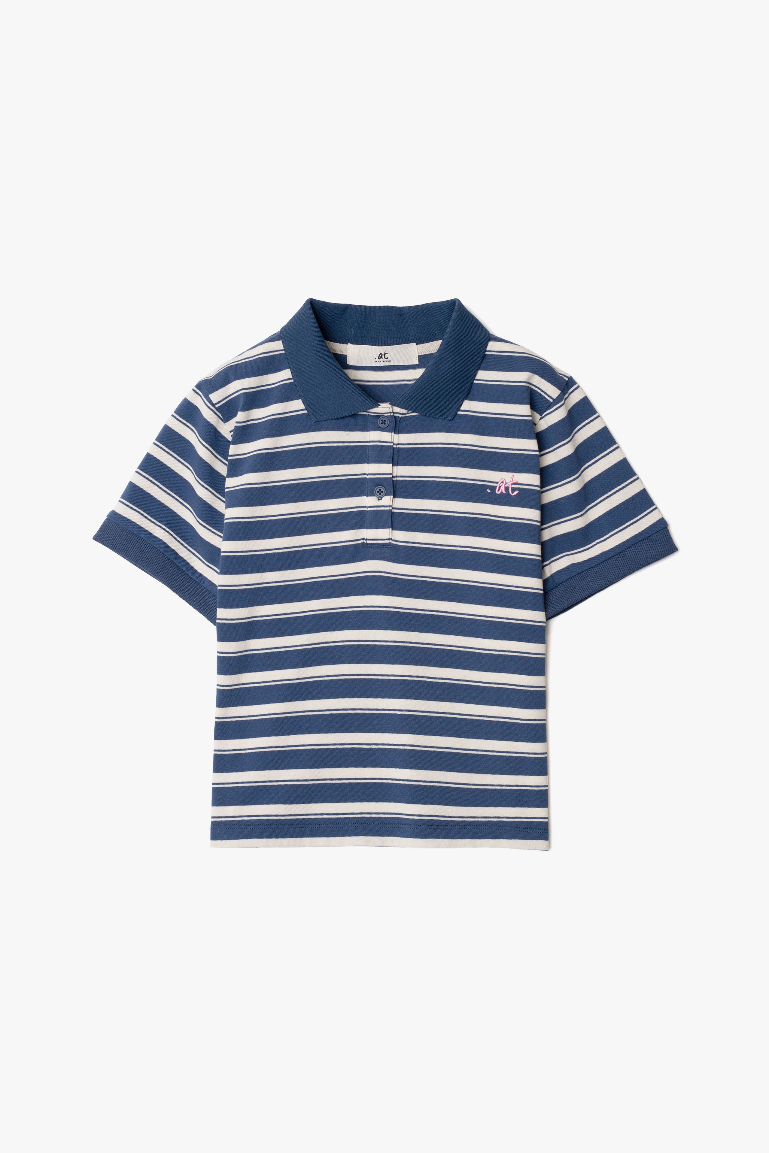 【数量限定】.at-Horizontal Stripe Cropped Polo Shirt - Blue Stripe