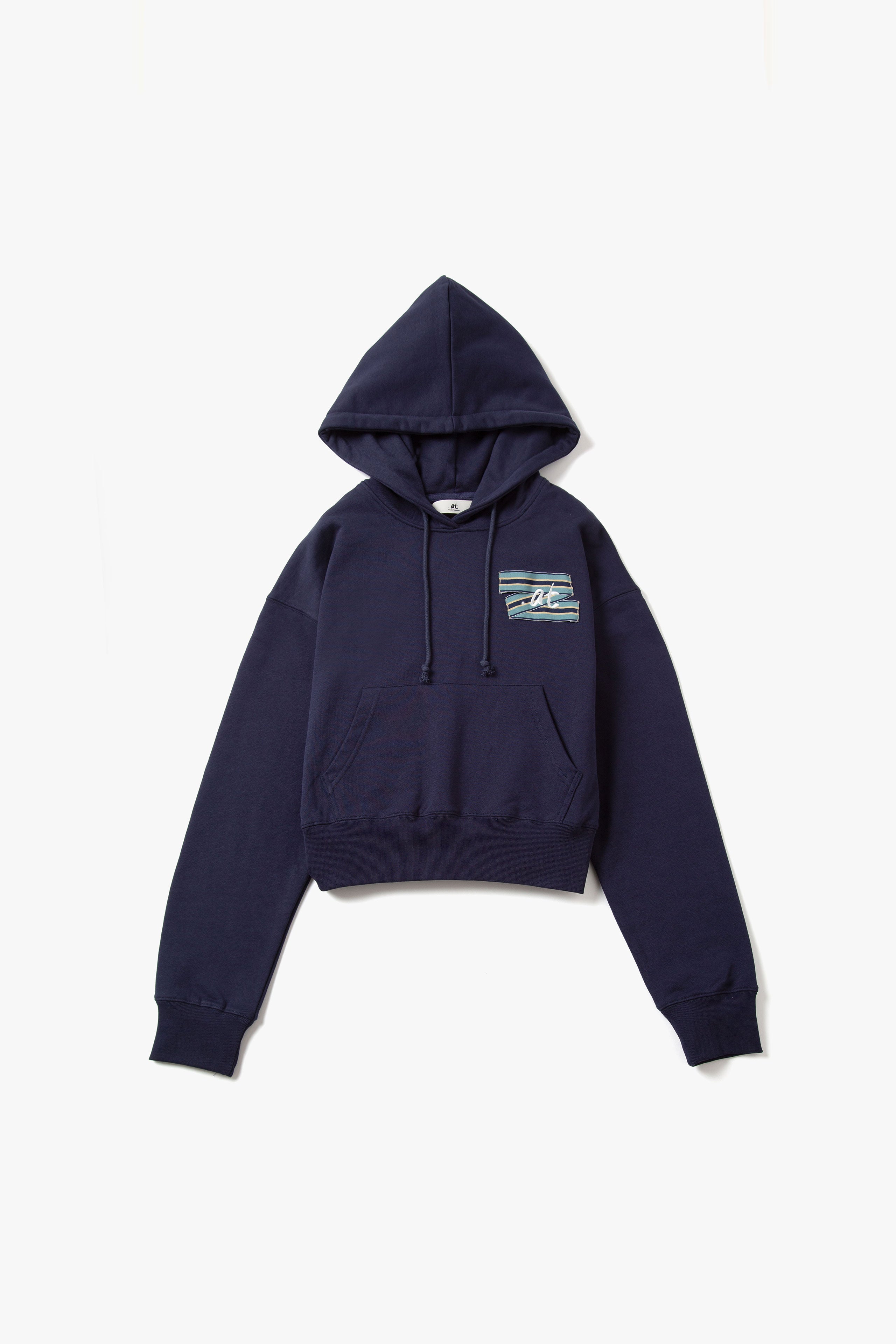 .at-Stripe Tape Logo Cropped Hoodie
