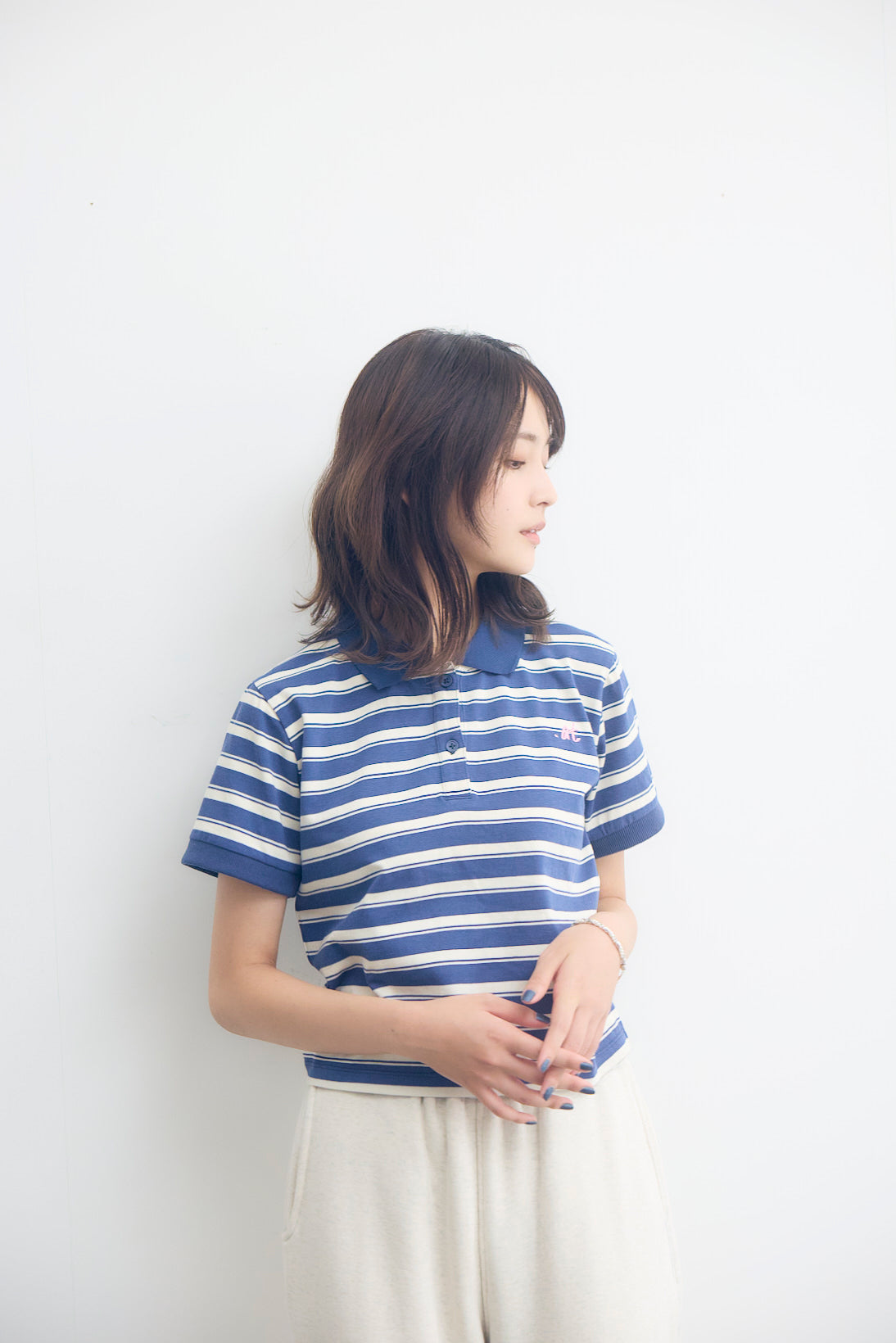 【数量限定】.at-Horizontal Stripe Cropped Polo Shirt - Blue Stripe