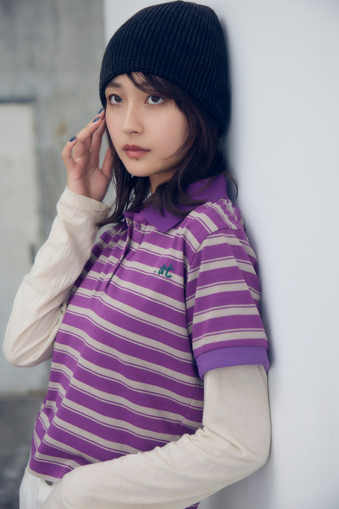 【数量限定】.at-Horizontal Stripe Cropped Polo Shirt - Purple Stripe