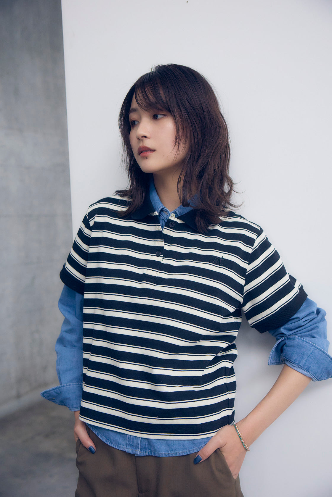【数量限定】.at-Horizontal Stripe Cropped Polo Shirt - Black Stripe
