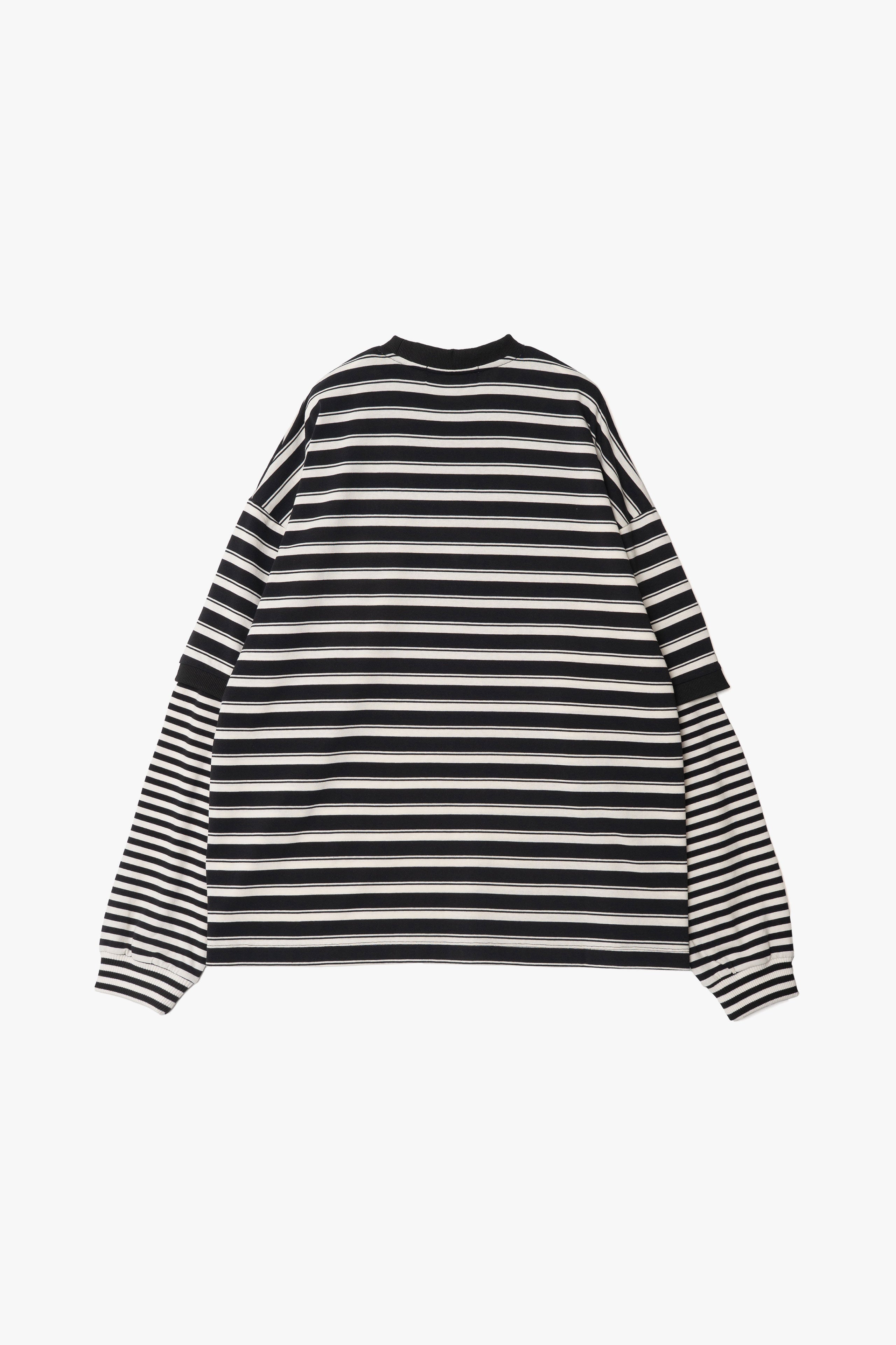 【数量限定】.at-Oversize Horizontal Stripe Layered Long Sleeve T-Shirt - Black Stripe