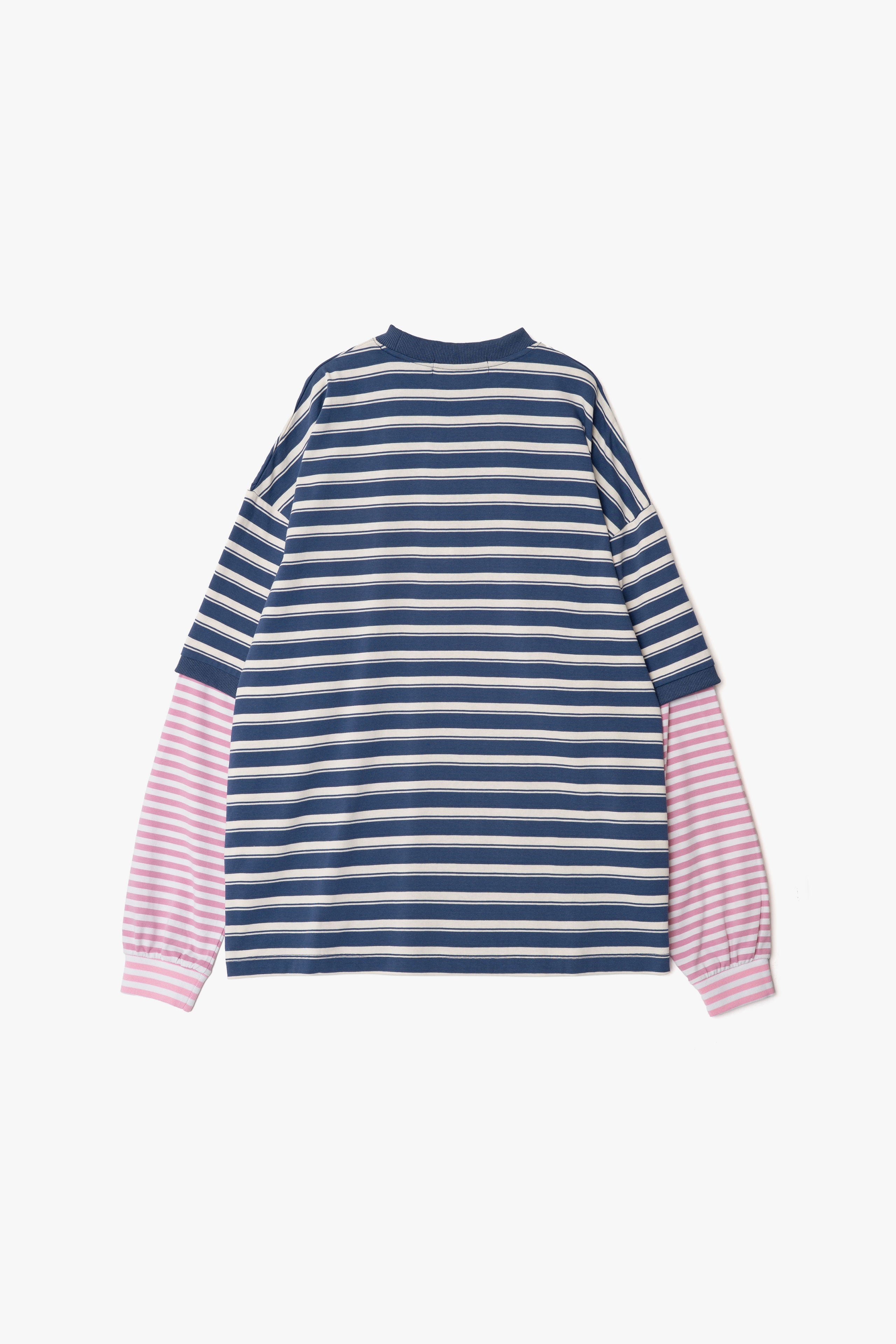 【数量限定】.at-Oversize Horizontal Stripe Layered Long Sleeve T-Shirt - Blue Stripe
