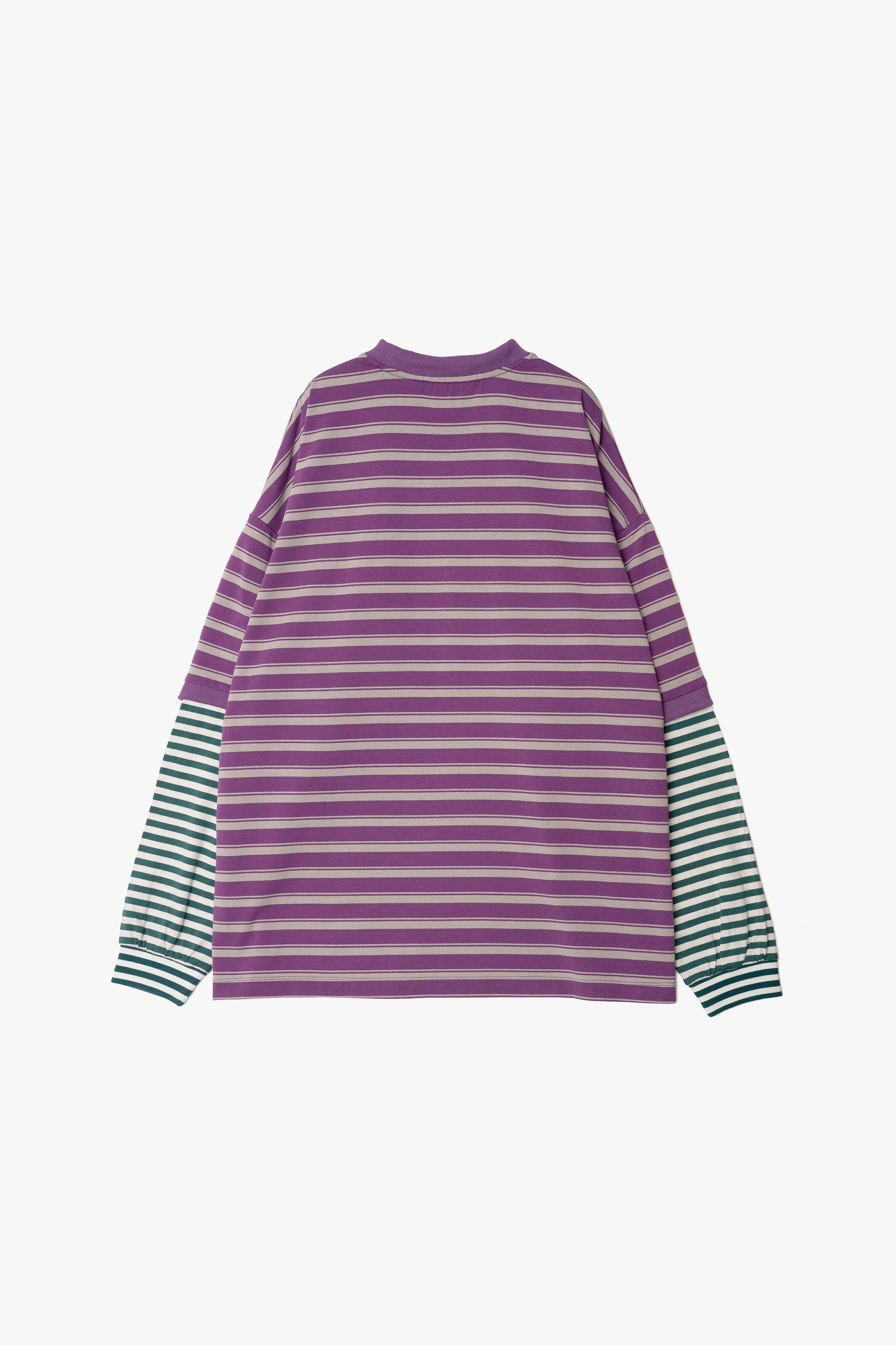 【数量限定】.at-Oversize Horizontal Stripe Layered Long Sleeve T-Shirt - Purple Stripe