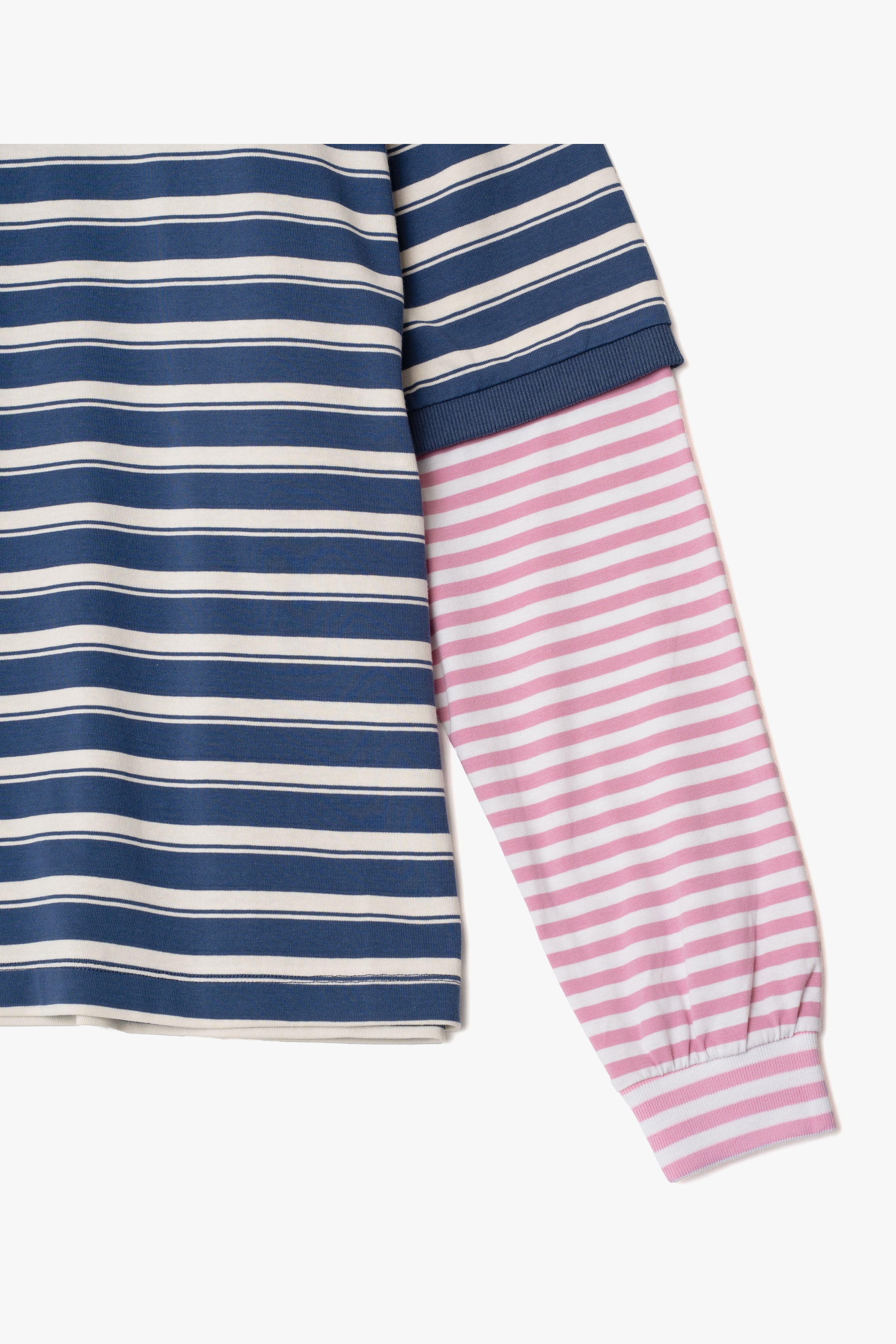 【数量限定】.at-Oversize Horizontal Stripe Layered Long Sleeve T-Shirt - Blue Stripe