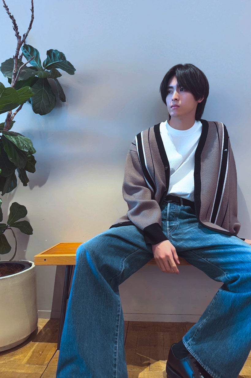 .at-Stripe Jacquard Knit Cardigan - GrayStripe