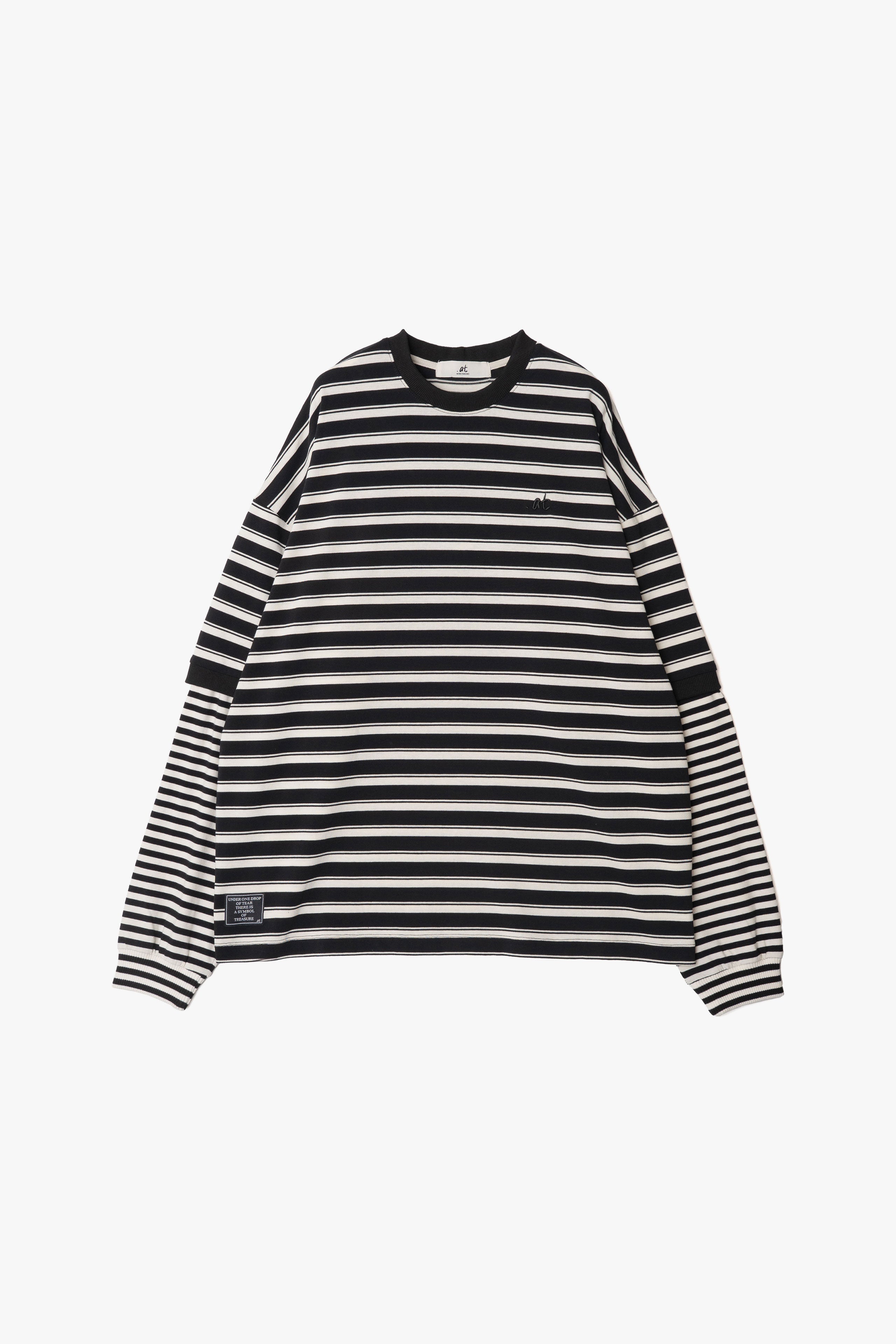 【数量限定】.at-Oversize Horizontal Stripe Layered Long Sleeve T-Shirt - Black Stripe