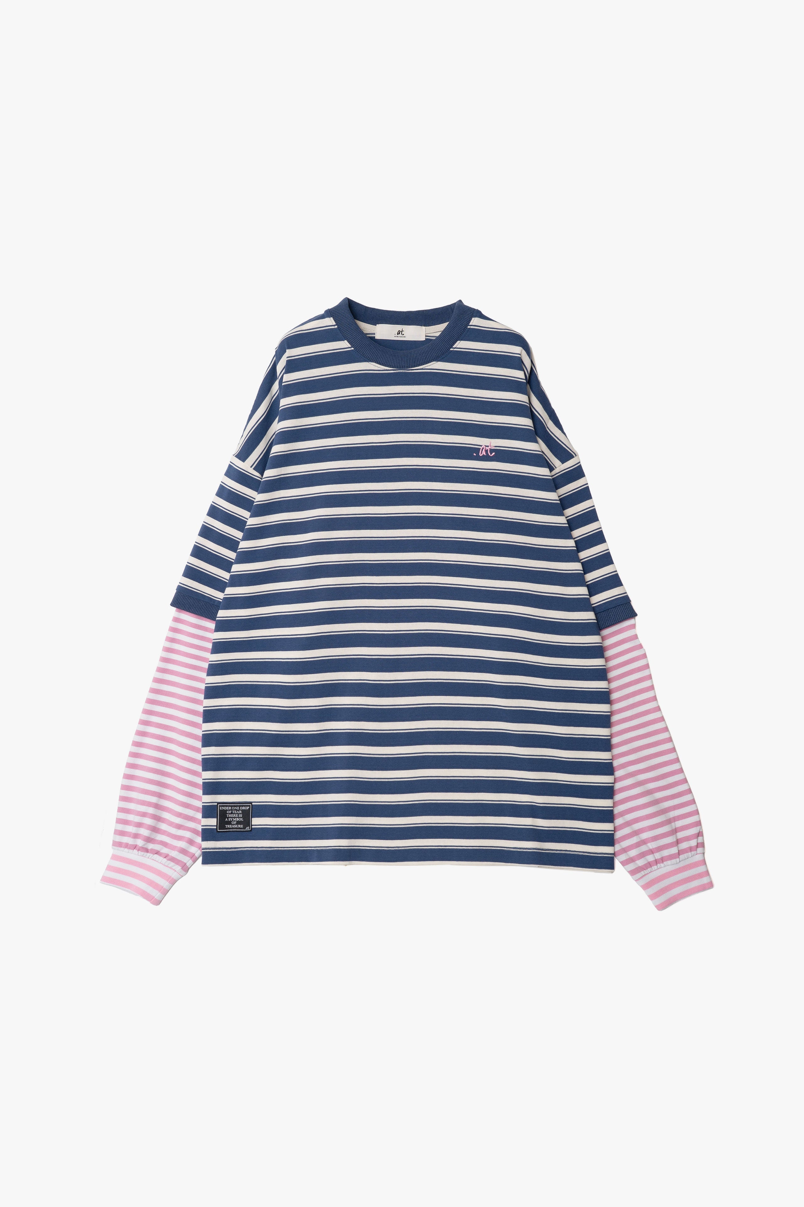 【数量限定】.at-Oversize Horizontal Stripe Layered Long Sleeve T-Shirt - Blue Stripe