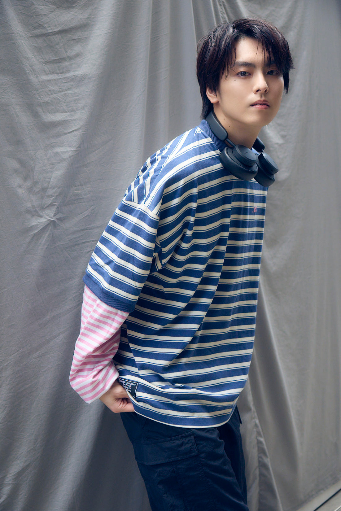 【数量限定】.at-Oversize Horizontal Stripe Layered Long Sleeve T-Shirt - Blue Stripe
