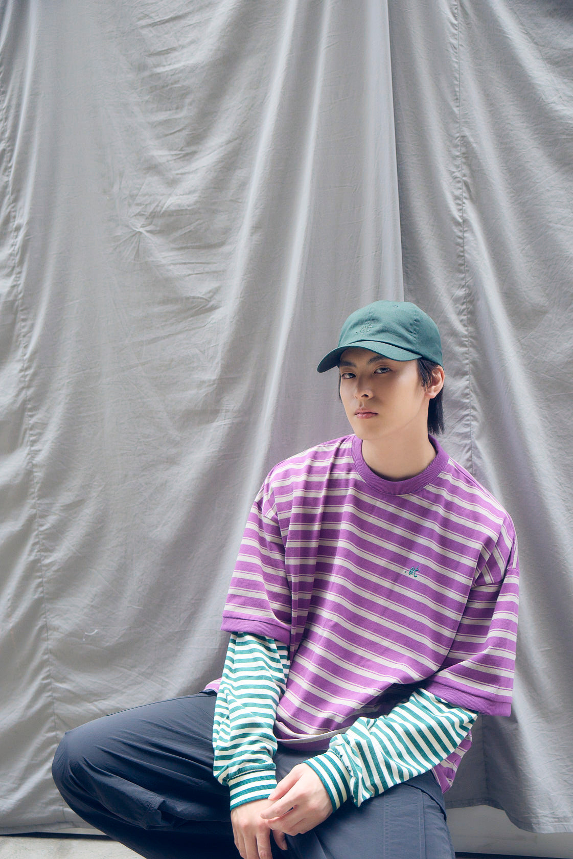 【数量限定】.at-Oversize Horizontal Stripe Layered Long Sleeve T-Shirt - Purple Stripe