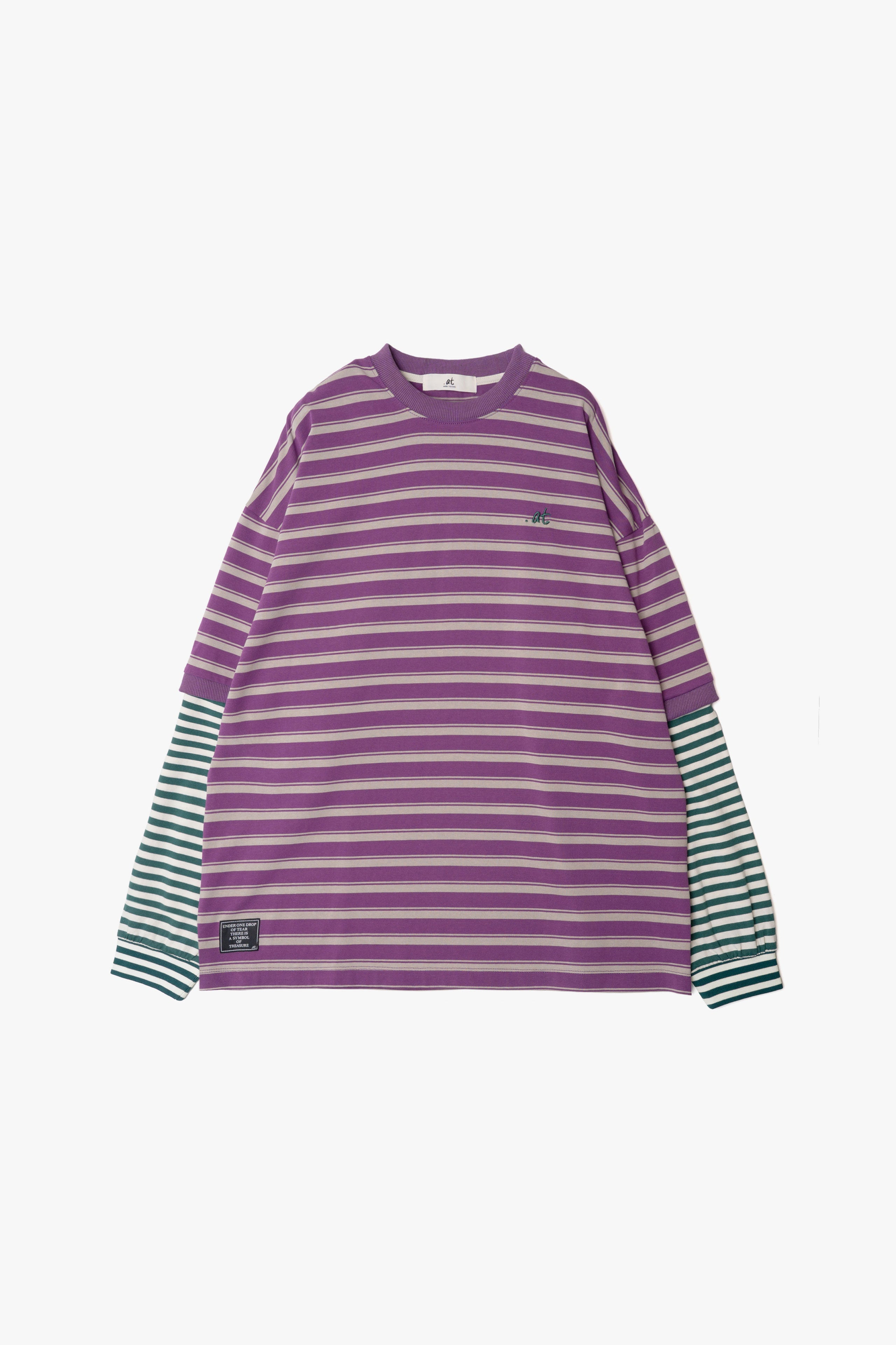【数量限定】.at-Oversize Horizontal Stripe Layered Long Sleeve T-Shirt - Purple Stripe