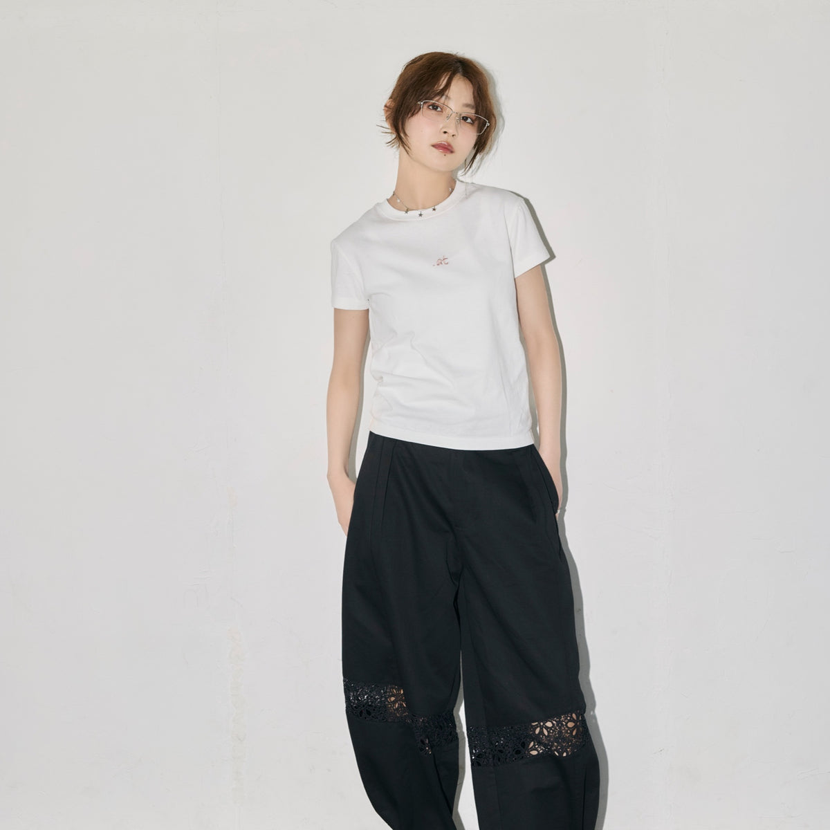 Lace Switching Buggy Pants - Black｜.at